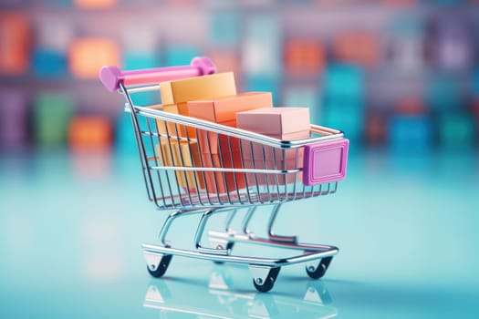 Shopping cart with box inside, bright light colors, colorful background, HD. Generative AI.
