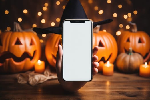 Hand holding smartphone blank white screen on the background of hallaween. Generative AI.