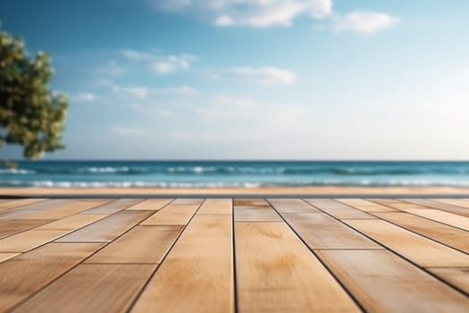 Wooden deck floor on the background of the sea and blue sky background. Generative AI.