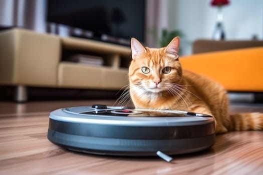 Cat sits on top of a robot vacuum cleaner, cleaning up scraps on the living room floor. Generative AI.