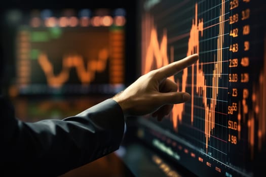 The finger points to a financial chart showing a price increase in the stock market. Generative AI.