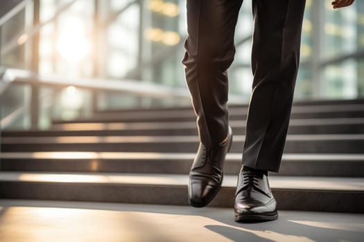 Close up shoes of businessman walking up on stairs into a glass office building. Generative AI.