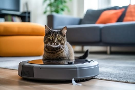 Cat sits on top of a robot vacuum cleaner, cleaning up scraps on the living room floor. Generative AI.