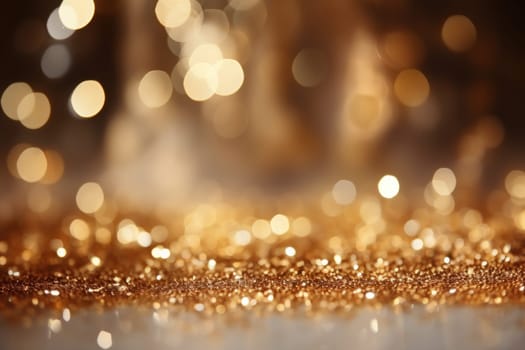 Glitter gold blurred bokeh lights background. Generative AI.