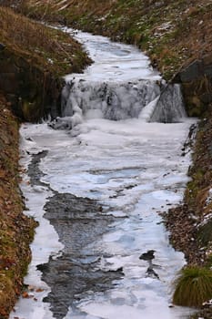 Frozen stream. Beautiful winter nature background. Frost, ice and snow in the winter.