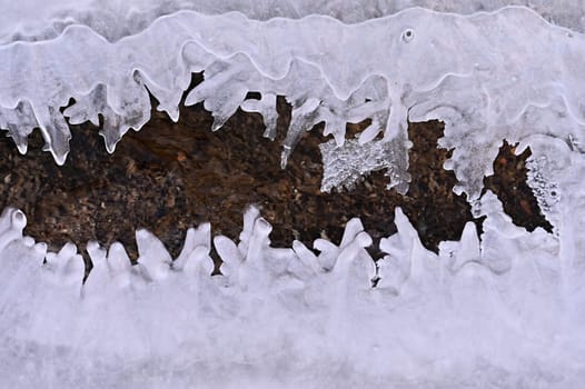 Frozen pool of water in winter. Ice nature - macro shot of frozen water.