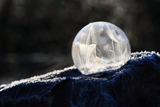 Frozen bubble in nature. A beautiful macro shot of nature in winter. Concept for environment, water and frost.