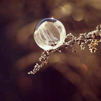 Frozen bubble in nature. A beautiful macro shot of nature in winter. Concept for environment, water and frost.