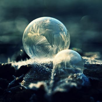 Frozen bubble in nature. A beautiful macro shot of nature in winter. Concept for environment, water and frost.