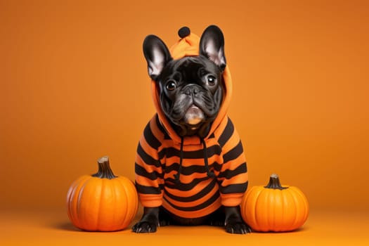 French bulldog on pumpkin costume, solid background, Halloween. Generative AI.