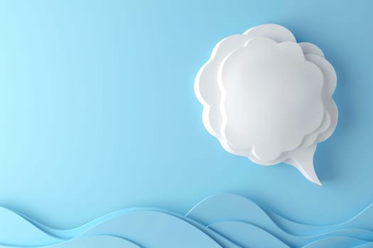 Stylized 3D white speech bubble in cloud form, on soothing blue background with wavy patterns, ideal for modern communication themes in advertising or social media. Copy space for text. Generative AI