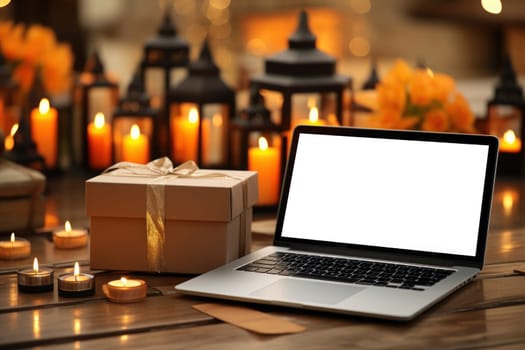 A laptop mockup is placed among gift boxes paper bags diyas. Generative AI.