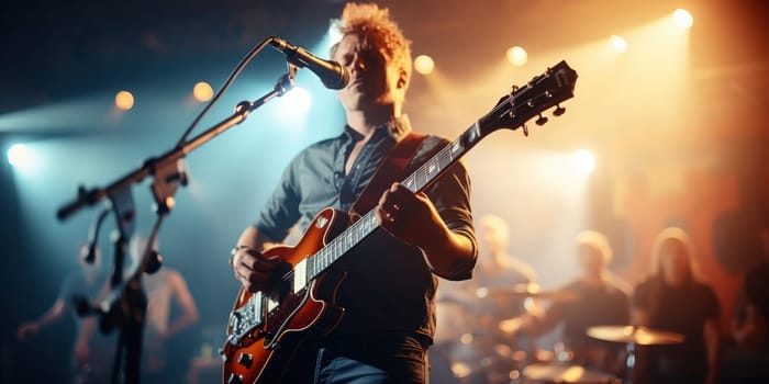 Music band group perform on a concert stage.Guitarist on stage for background. Generative AI.