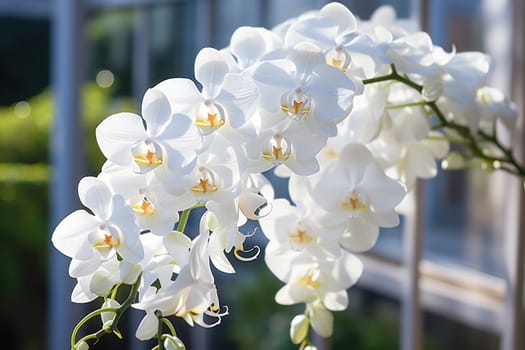 White Phalaenopsis orchid bellflowers photograph. Generative AI.