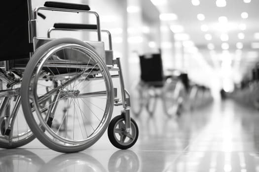 Wheelchairs waiting for patient services. with light copy space on left area. Generative AI.