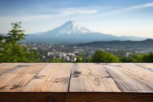 Empty table surface blurred Landmarks around the world in the background. Generative AI.