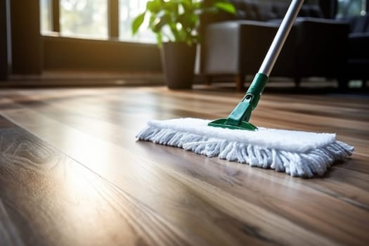 Floor cleaning with mob and cleanser foam. Cleaning tools on parquet floor. Generative AI.