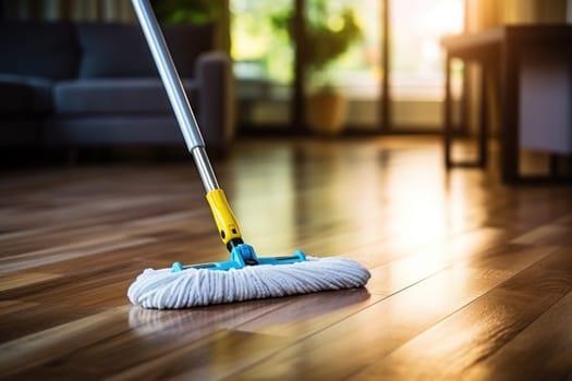 Floor cleaning with mob and cleanser foam. Cleaning tools on parquet floor. Generative AI.