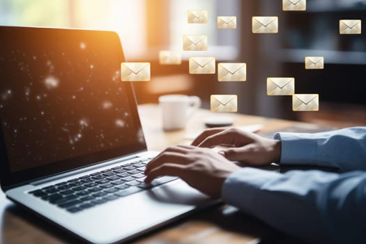 Freelancer's hand using computer laptop and sending online message with email icon. Generative AI.