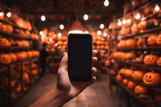 Hand holding smartphone blank white screen on the background of hallaween. Generative AI.
