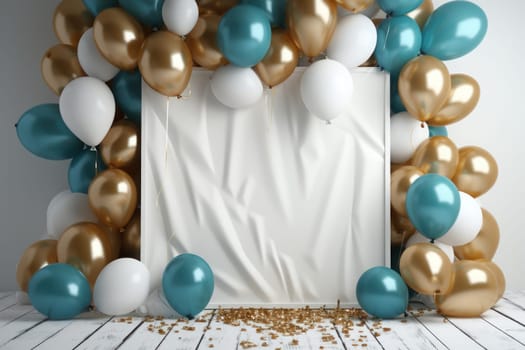 Background with golden and blue balloons center empty space for text. Generative AI.