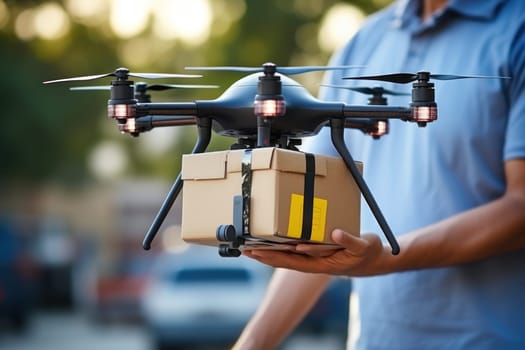 The drone is hoisting a package and shuttles through urban neighborhoods for delivery. Generative AI.