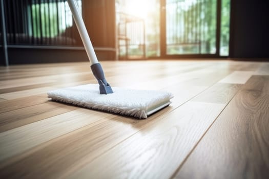 Floor cleaning with mob and cleanser foam. Cleaning tools on parquet floor. Generative AI.