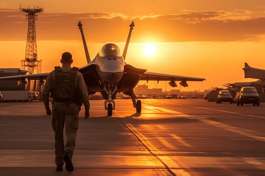 Pilot walking along the runway lighting in the background of a fighter Generative AI.