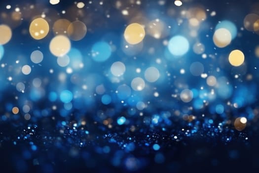 Glitter Blue blurred bokeh lights background. Generative AI.