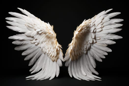 Large beautiful white ethereal angel wings against a black background. Generative AI.
