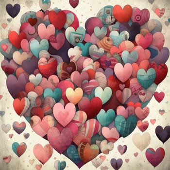 Vintage-style heart collage in various colors and patterns.