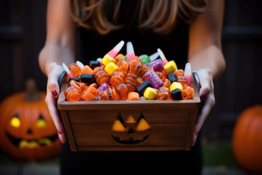 Children Trick Or Treating with Jack-O-Lantern Candy Buckets on Halloween.