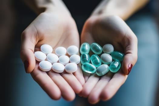 Hands holding white pills dark beige and aquamarine. Generative AI.