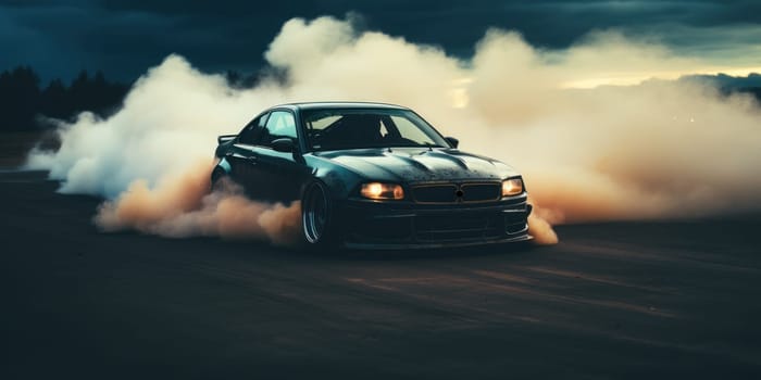 A car drifting leaving behind smoke. Generative AI.