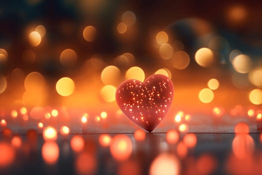 Illuminated heart shape glowing amid warm bokeh lights.