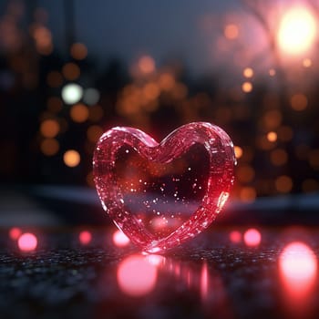 Illuminated red heart shape glowing against a blurred city lights backdrop.