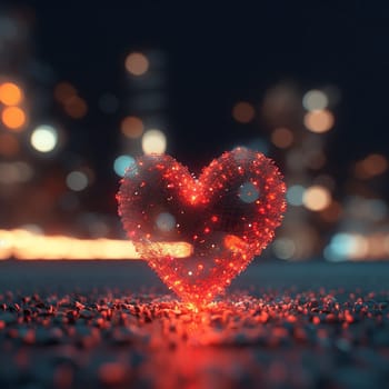Glowing heart shape amidst sparkles on street at night.