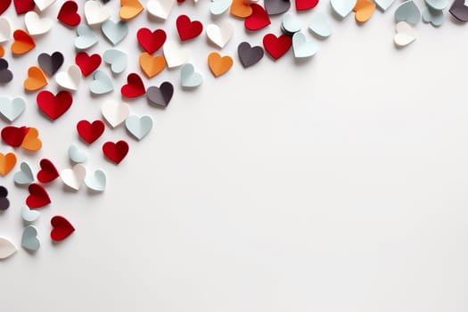 Assorted paper hearts spread in a corner on a white background.