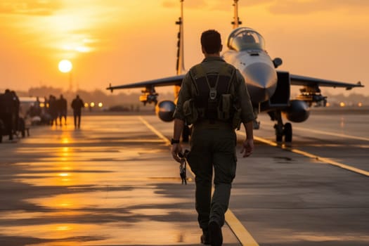 Pilot walking along the runway lighting in the background of a fighter Generative AI.