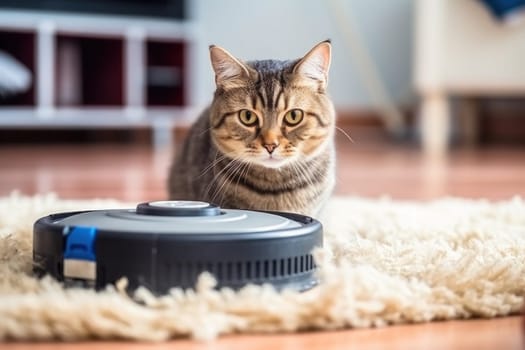 Cat sits on top of a robot vacuum cleaner, cleaning up scraps on the living room floor. Generative AI.