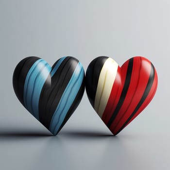 Two heart-shaped objects with contrasting striped patterns.