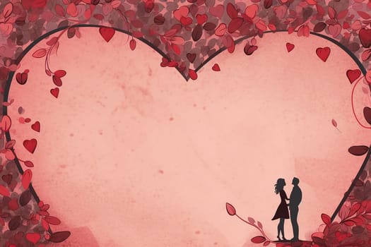 Silhouetted couple kissing under heart-shaped tree adorned with red leaves.