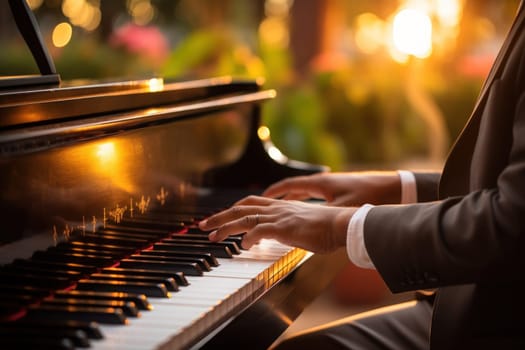 Photo of male hands of a person playing the piano bokeh lights in the background. Generative AI.