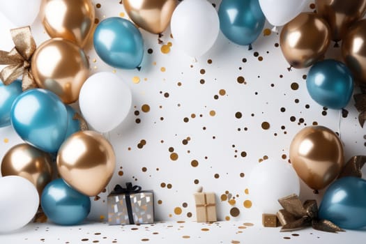 Background with golden and blue balloons center empty space for text. Generative AI.