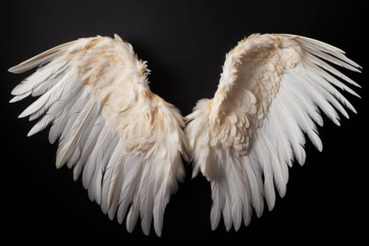 Large beautiful white ethereal angel wings against a black background. Generative AI.