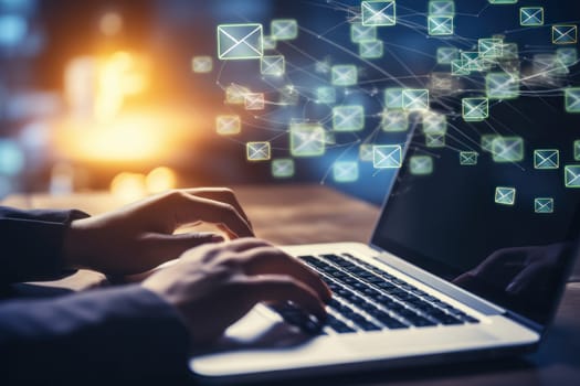 Freelancer's hand using computer laptop and sending online message with email icon. Generative AI.