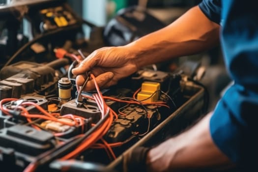 Technician check the electrical system inside the car. Generative AI.