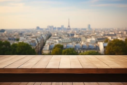 Empty table surface blurred Landmarks around the world in the background. Generative AI.