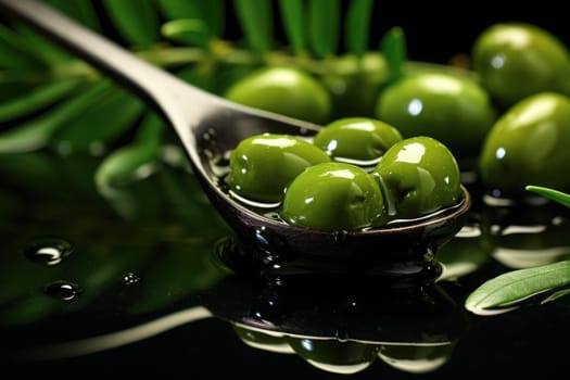 Olives on a spoon on a green background with oil and olive leaves. Generative AI.