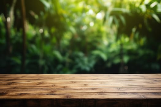 Empty table surface no objects on the table, blurred bamboo forest in the background. Generative AI.